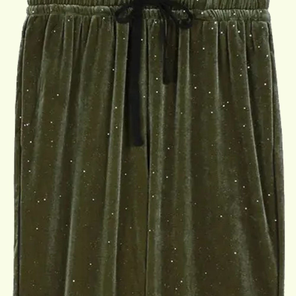 NEW FRNCH Women Glitter Velvet Olive V Neck Wrap Jumpsuit Long Sleeve Pants - Picture 6 of 7